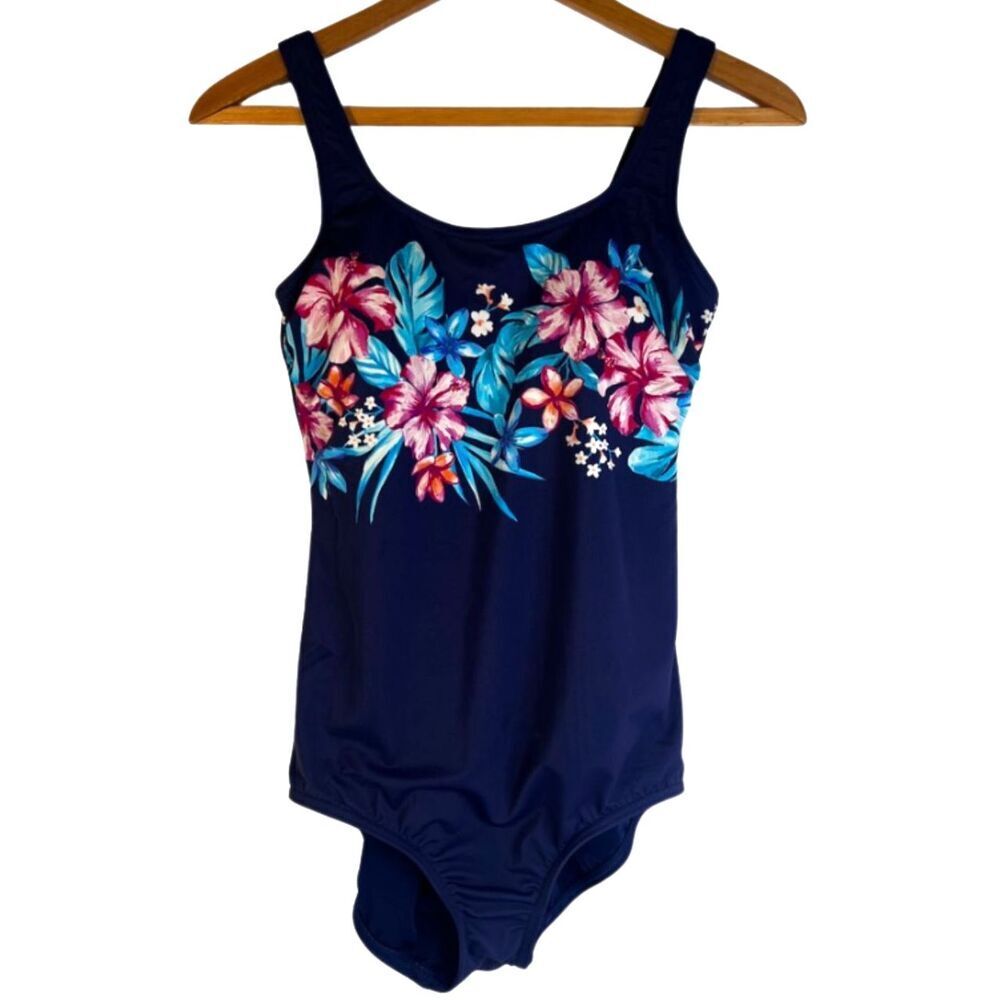 Lands End One Piece Swimsuit Navy Blue with Floral Shelf Bra Size 8 Beach Swim